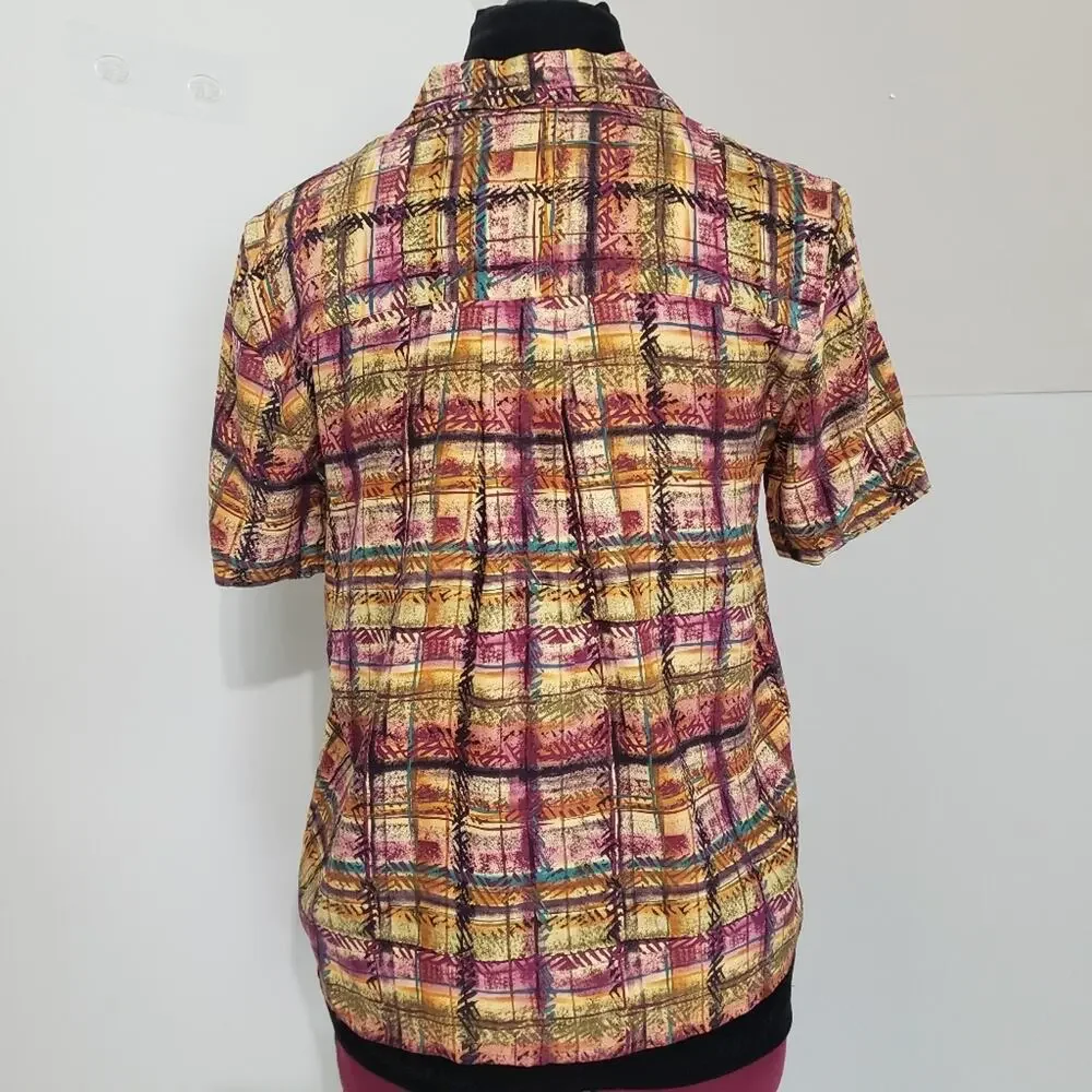 Liz Claiborne 100% Silk Plaid Button Front Top and High Rise Shorts Suit Set 8